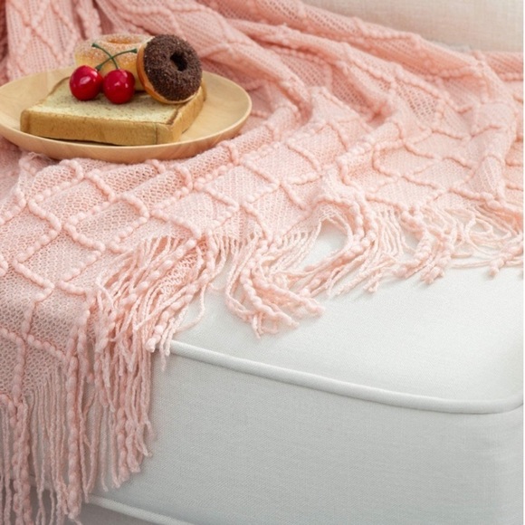 Light Pink Modern Farmhouse Boho Tassel Knit Throw Cozy Fringe Patterned Blanket - Picture 4 of 16